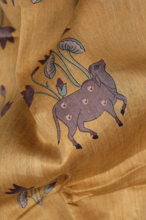 Tussar Silk Saree Yellowish Beige With Cow And Floral Design