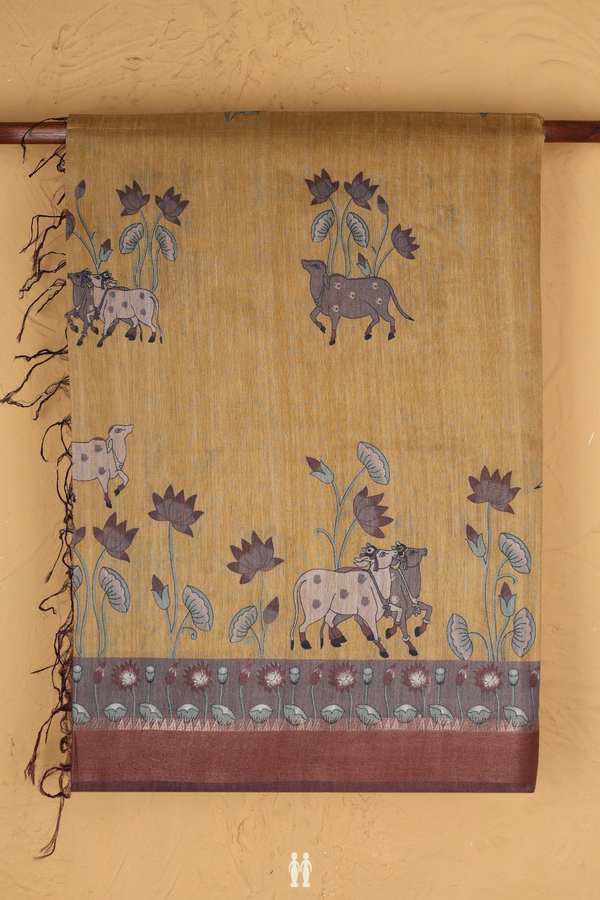 Tussar Silk Saree Yellowish Beige With Cow And Floral Design