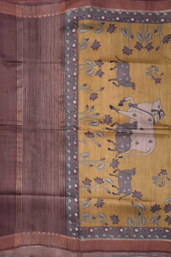 Tussar Silk Saree Yellowish Beige With Cow And Floral Design