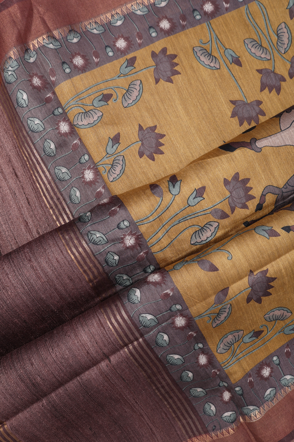 Tussar Silk Saree Yellowish Beige With Cow And Floral Design