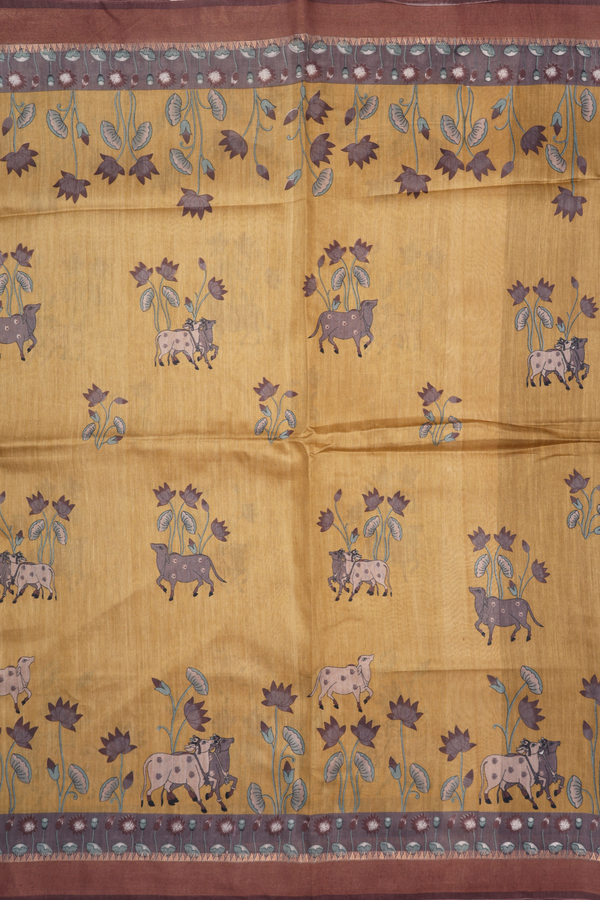 Tussar Silk Saree Yellowish Beige With Cow And Floral Design