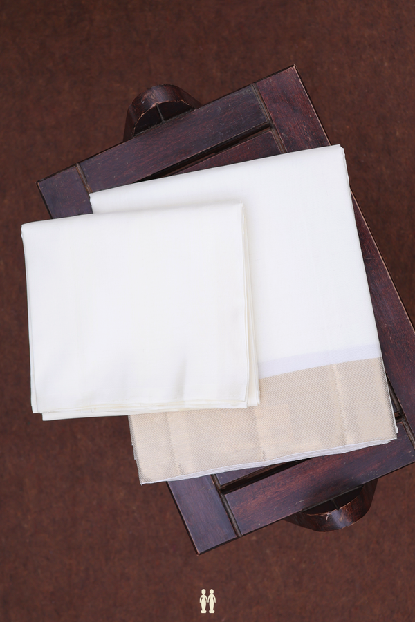 Twill Weave Border White Silk Dhoti With Shirt Material