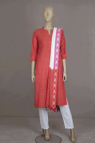V- Split Neck Ikat Design Orange Cotton Salwar Set