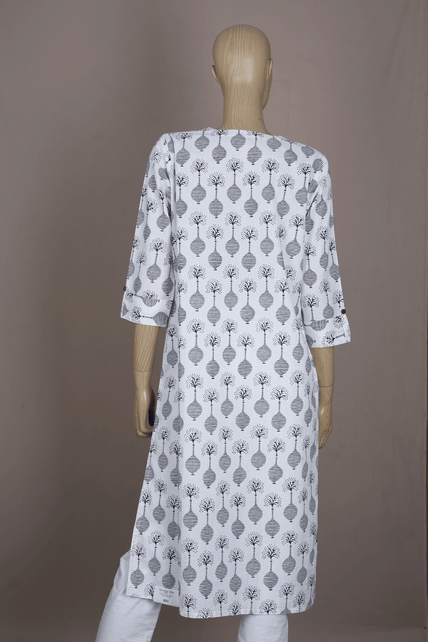 Split Neck Printed Design White Cotton Long Kurta
