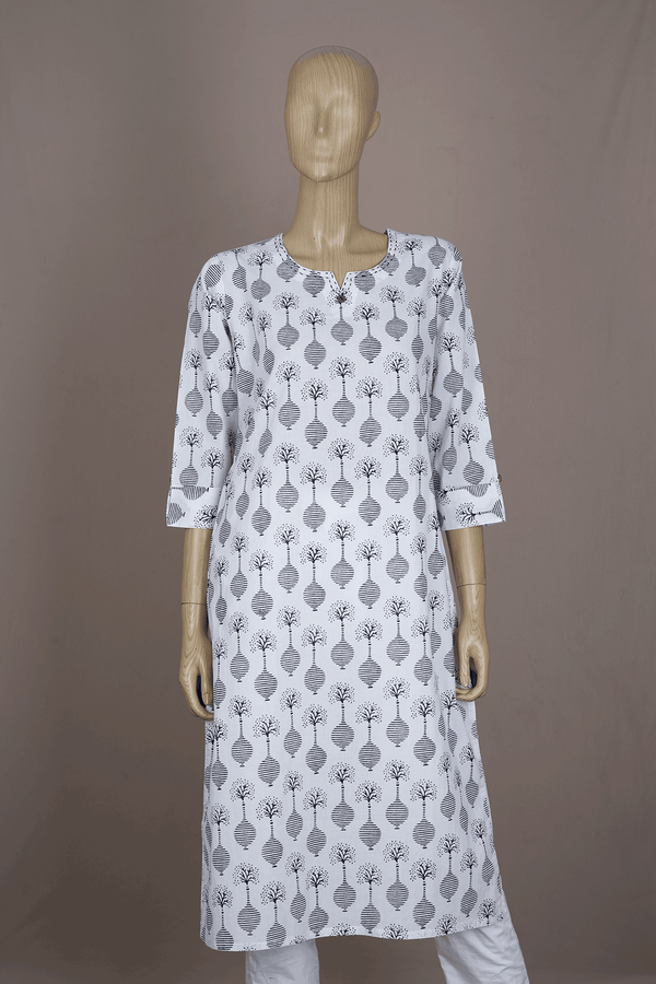 Split Neck Printed Design White Cotton Long Kurta