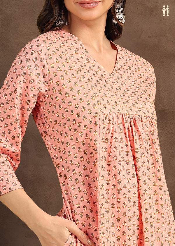 V-neck Floral Buttas Pastel Orange Cotton Salwar Set