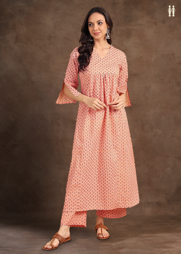 V-neck Floral Buttas Pastel Orange Cotton Salwar Set