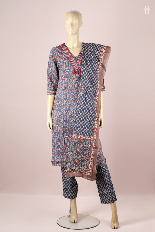 V-neck Floral Design Blue Cotton Salwar Set