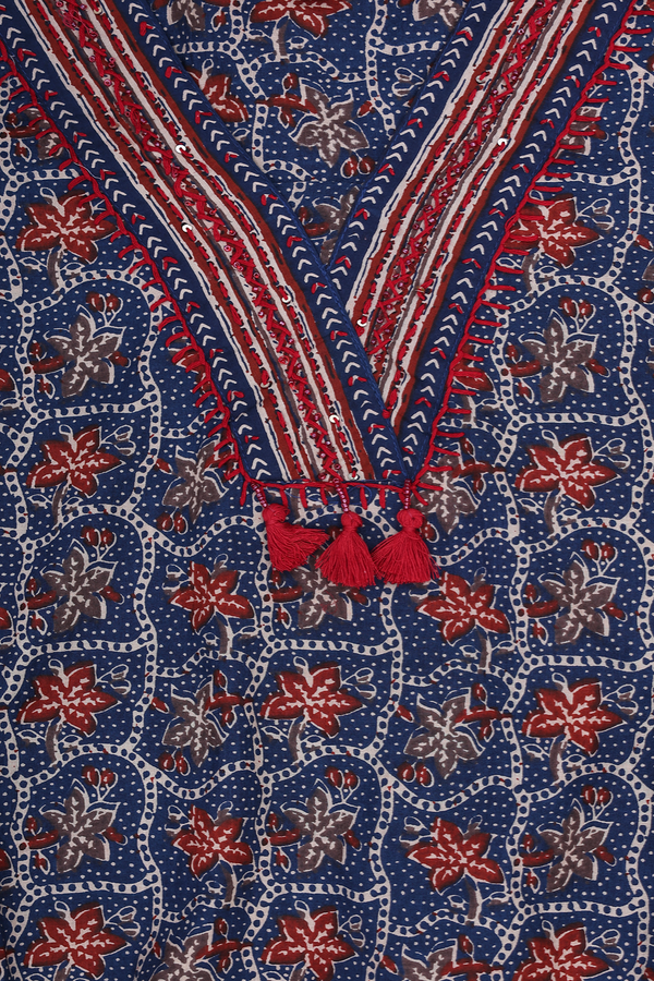 V-neck Floral Design Blue Cotton Salwar Set