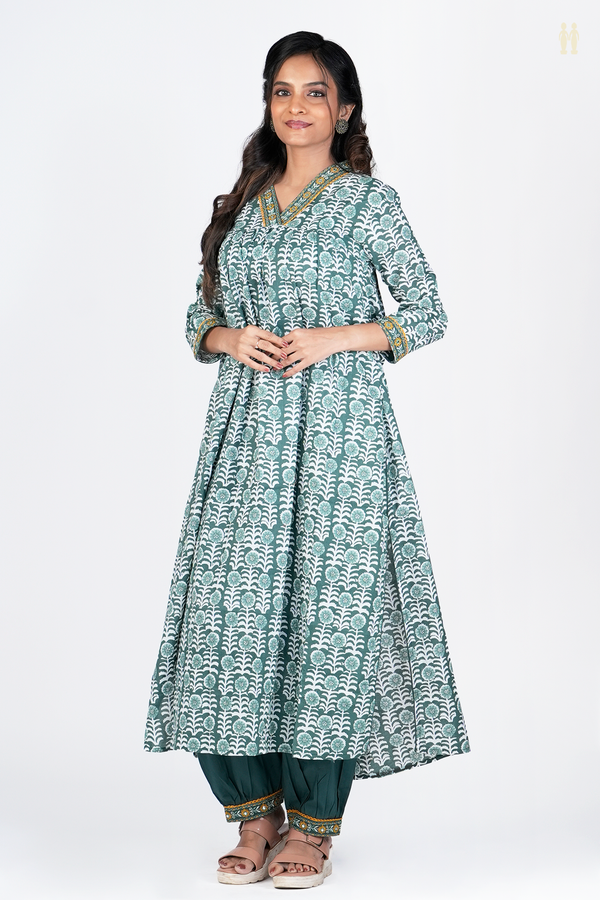 V-neck Floral Design Green Printed Cotton Salwar Set
