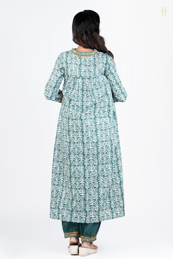 V-neck Floral Design Green Printed Cotton Salwar Set