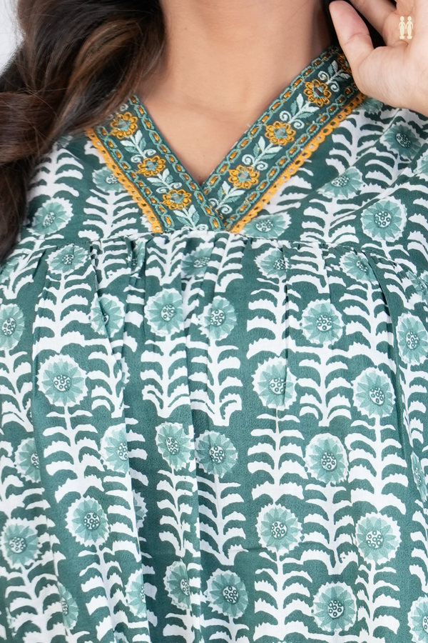 V-neck Floral Design Green Printed Cotton Salwar Set