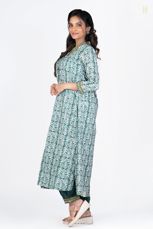V-neck Floral Design Green Printed Cotton Salwar Set