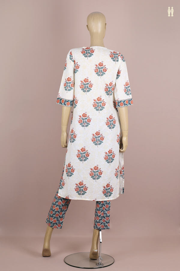 V-Neck Floral Design White Cotton Salwar Set
