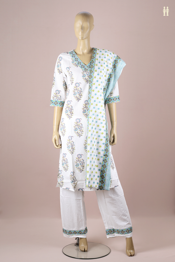 V-neck Floral Design White Cotton Salwar Set