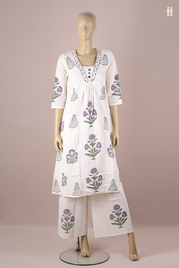 V-neck Floral Design White Cotton Salwar Set