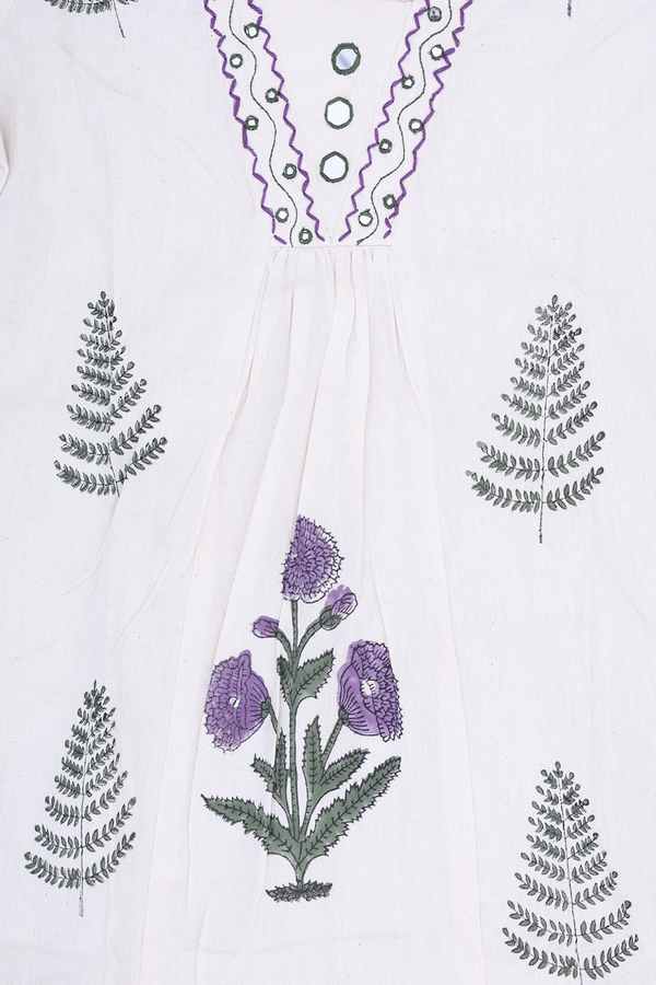 V-neck Floral Design White Cotton Salwar Set