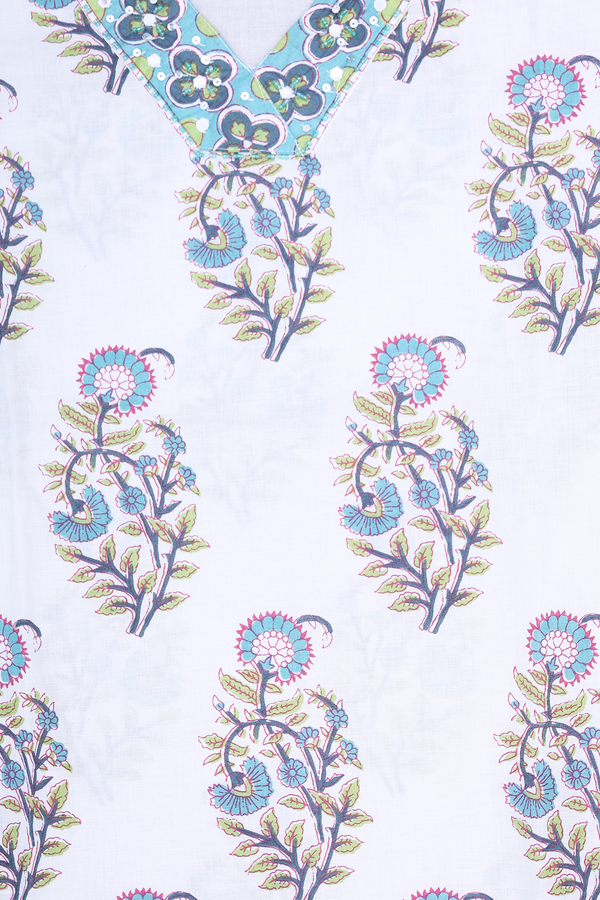 V-Neck Floral Design White Cotton Salwar Set