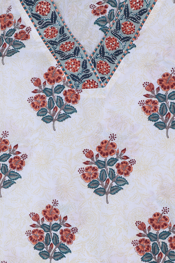 V-Neck Floral Design White Cotton Salwar Set