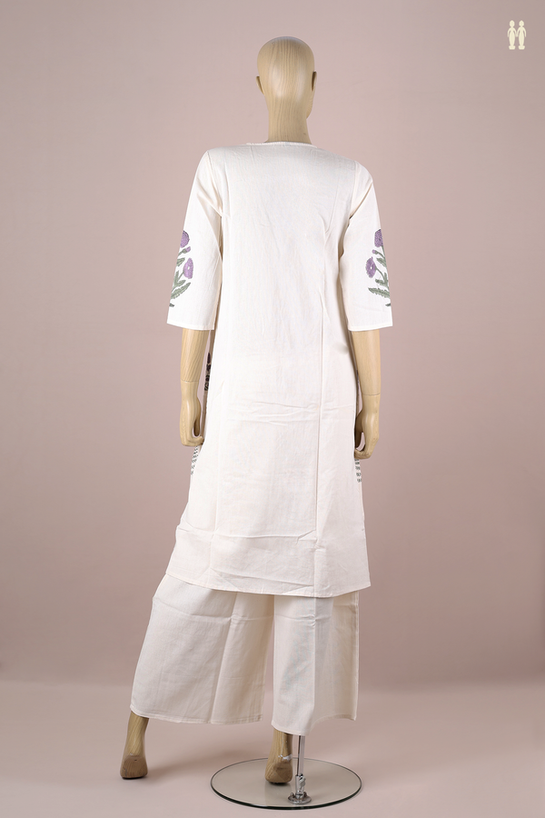 V-neck Floral Design White Cotton Salwar Set