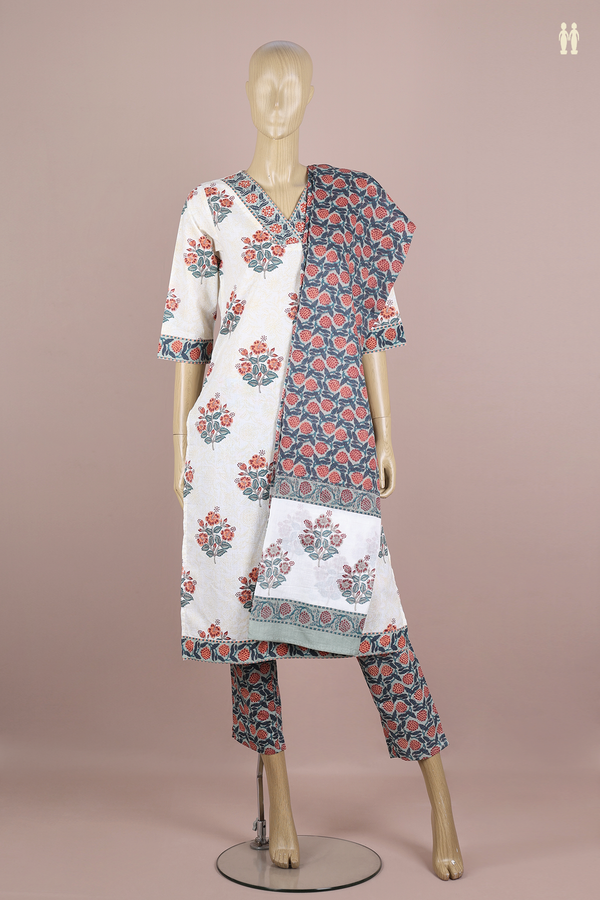 V-Neck Floral Design White Cotton Salwar Set