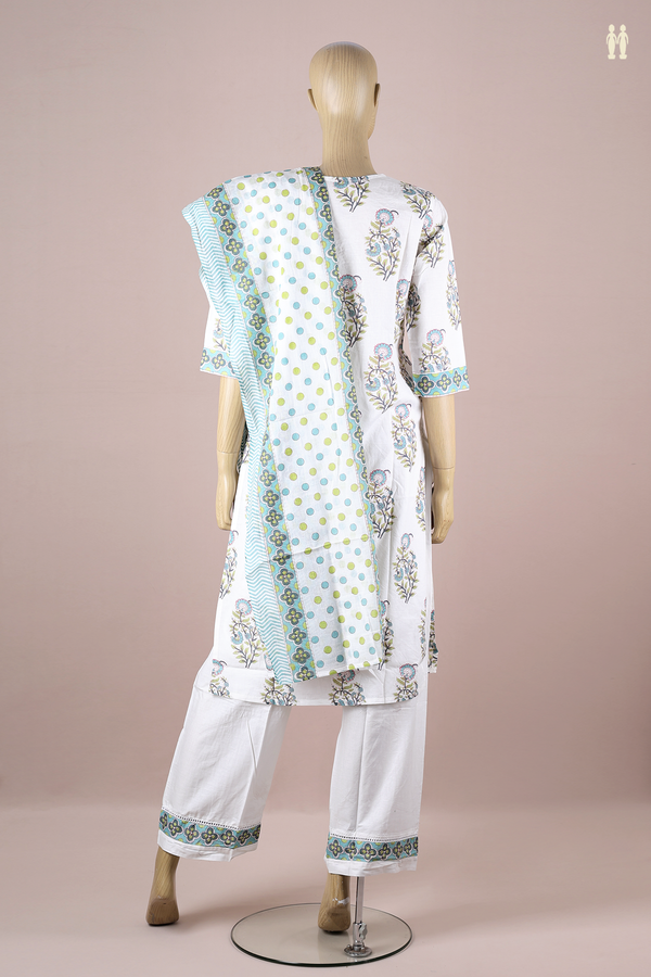 V-neck Floral Design White Cotton Salwar Set