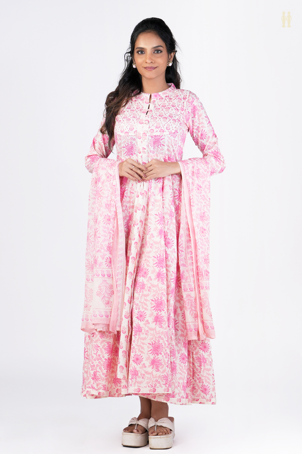 Chinese neck Floral Design White Printed Cotton Long Kurta