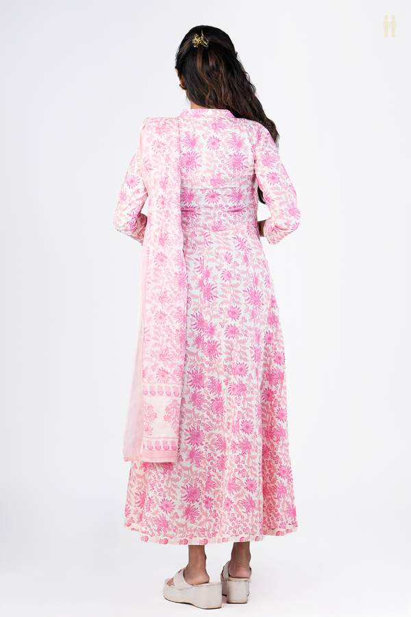 Chinese neck Floral Design White Printed Cotton Long Kurta