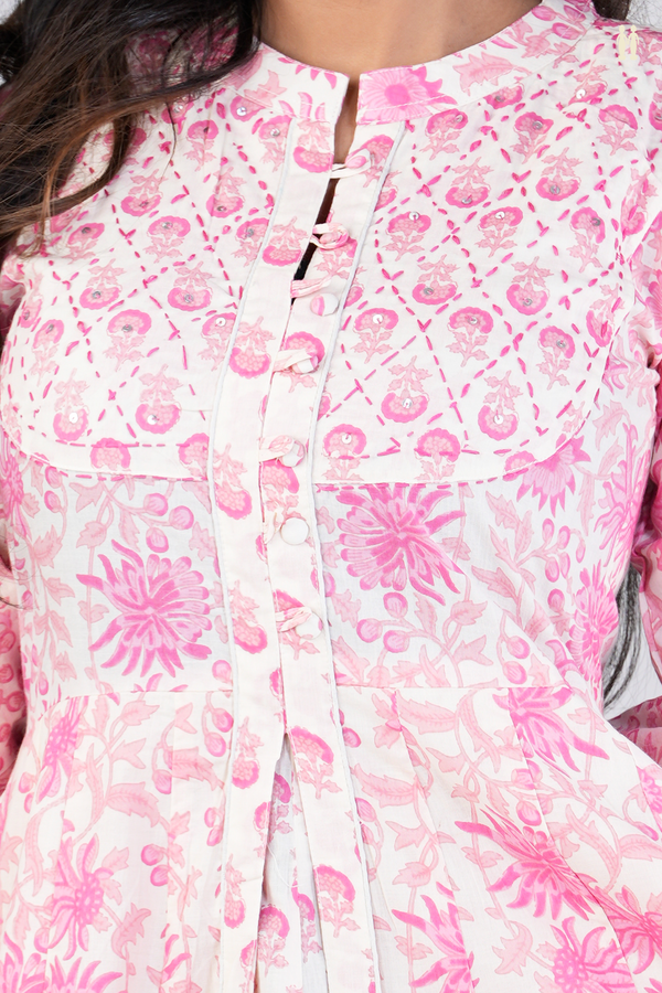 Chinese neck Floral Design White Printed Cotton Long Kurta