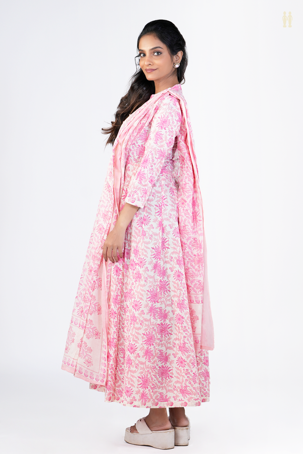 Chinese neck Floral Design White Printed Cotton Long Kurta