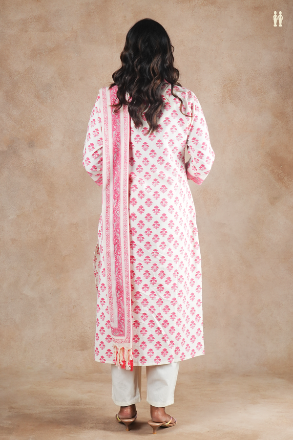 V-Neck Floral Printed White Cotton Salwar Set