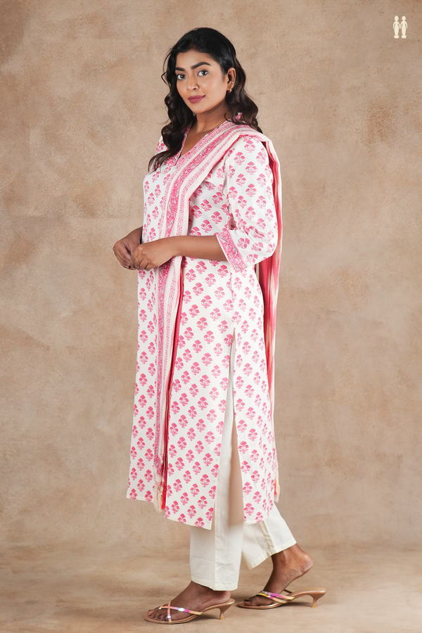 V-Neck Floral Printed White Cotton Salwar Set