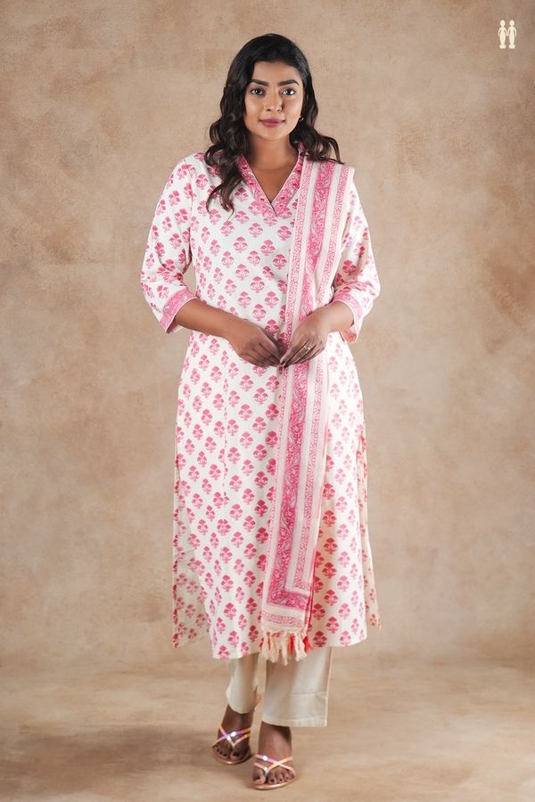 V-Neck Floral Printed White Cotton Salwar Set