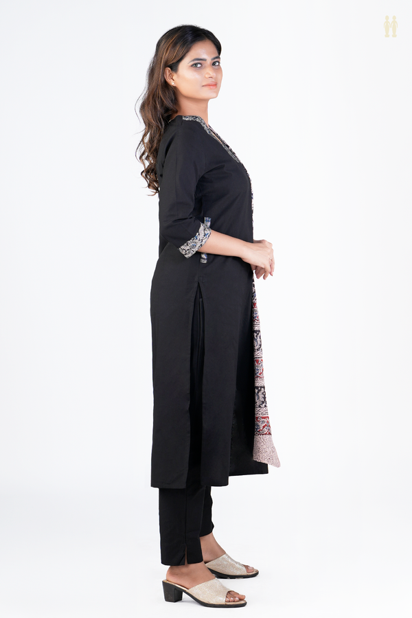 V-Neck Plain Black Cotton Salwar Set