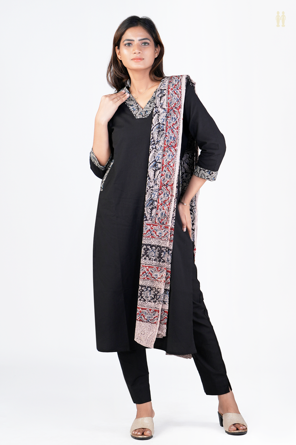 V-Neck Plain Black Cotton Salwar Set