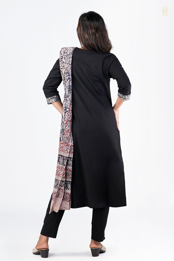 V-Neck Plain Black Cotton Salwar Set