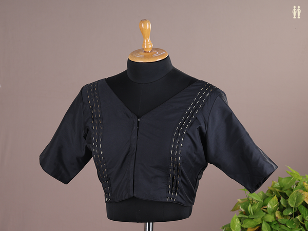 V-neck Plain Black Semi Silk Readymade Blouse