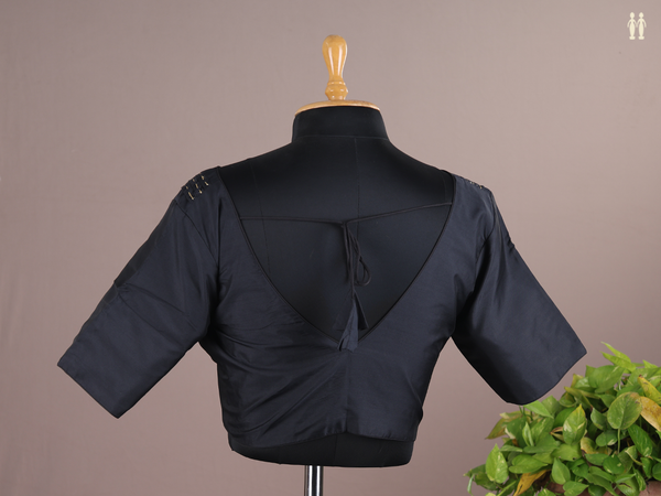 V-neck Plain Black Semi Silk Readymade Blouse