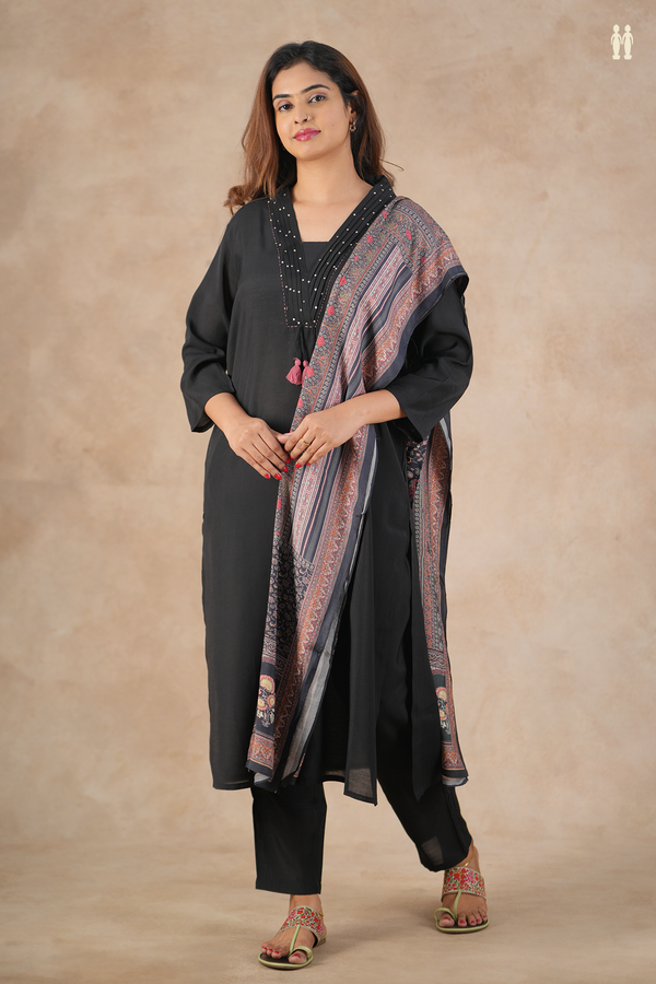 V-Neck Plain Black Silk Cotton Salwar Set
