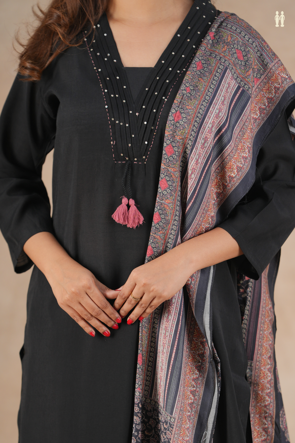 V-Neck Plain Black Silk Cotton Salwar Set