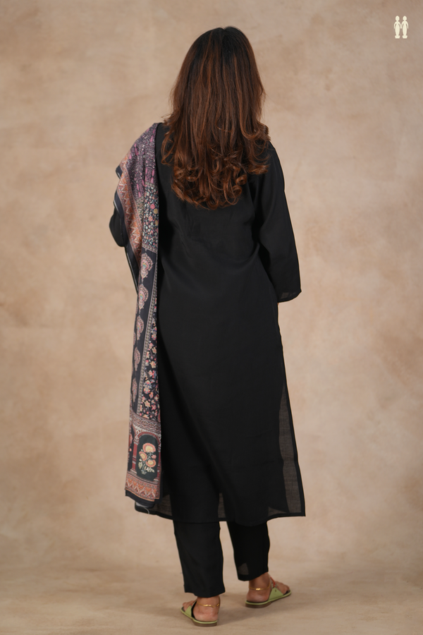 V-Neck Plain Black Silk Cotton Salwar Set