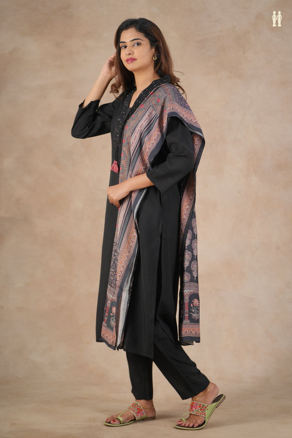 V-Neck Plain Black Silk Cotton Salwar Set