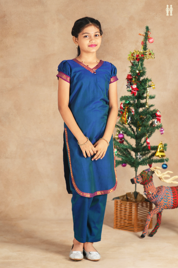 V-neck Plain Blue Cotton Top And Bottom