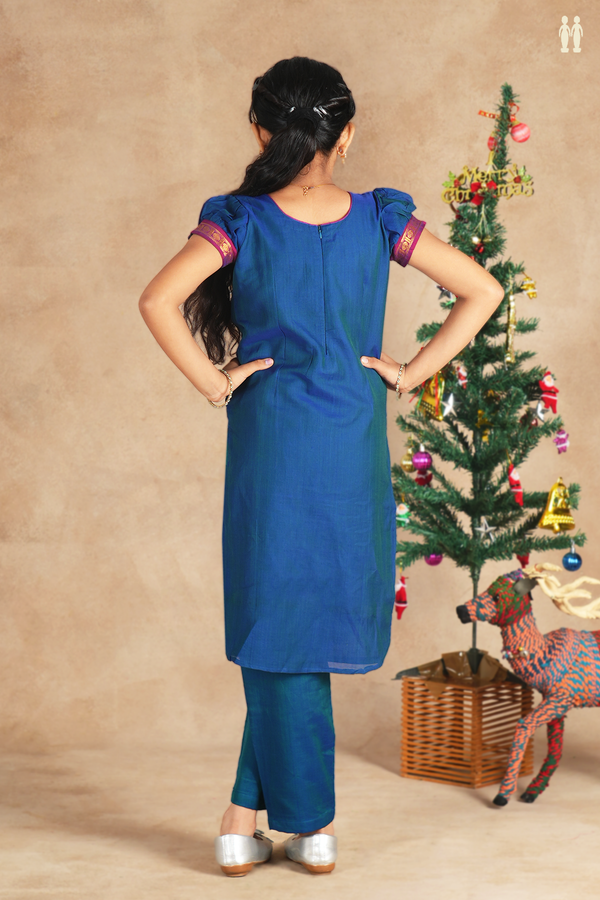 V-neck Plain Blue Cotton Top And Bottom