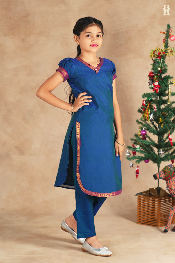 V-neck Plain Blue Cotton Top And Bottom