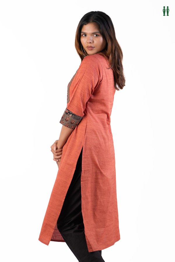 V-neck Plain Dusty Red Cotton Long Kurta