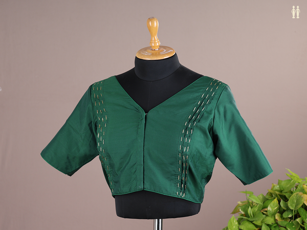 V-Neck Plain Green Semi Silk Readymade Blouse