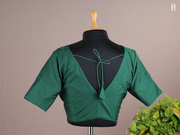V-Neck Plain Green Semi Silk Readymade Blouse