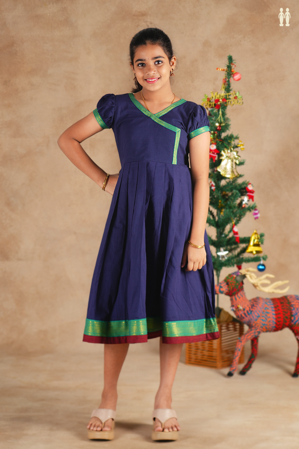 V-Neck Plain Navy Blue Cotton Frock