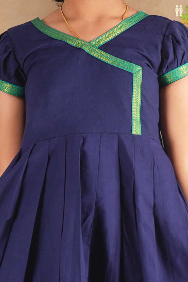 V-Neck Plain Navy Blue Cotton Frock